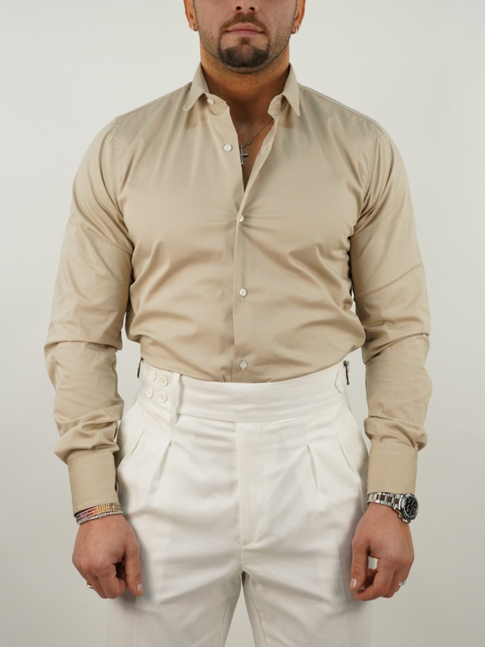 Camicia collo club beige