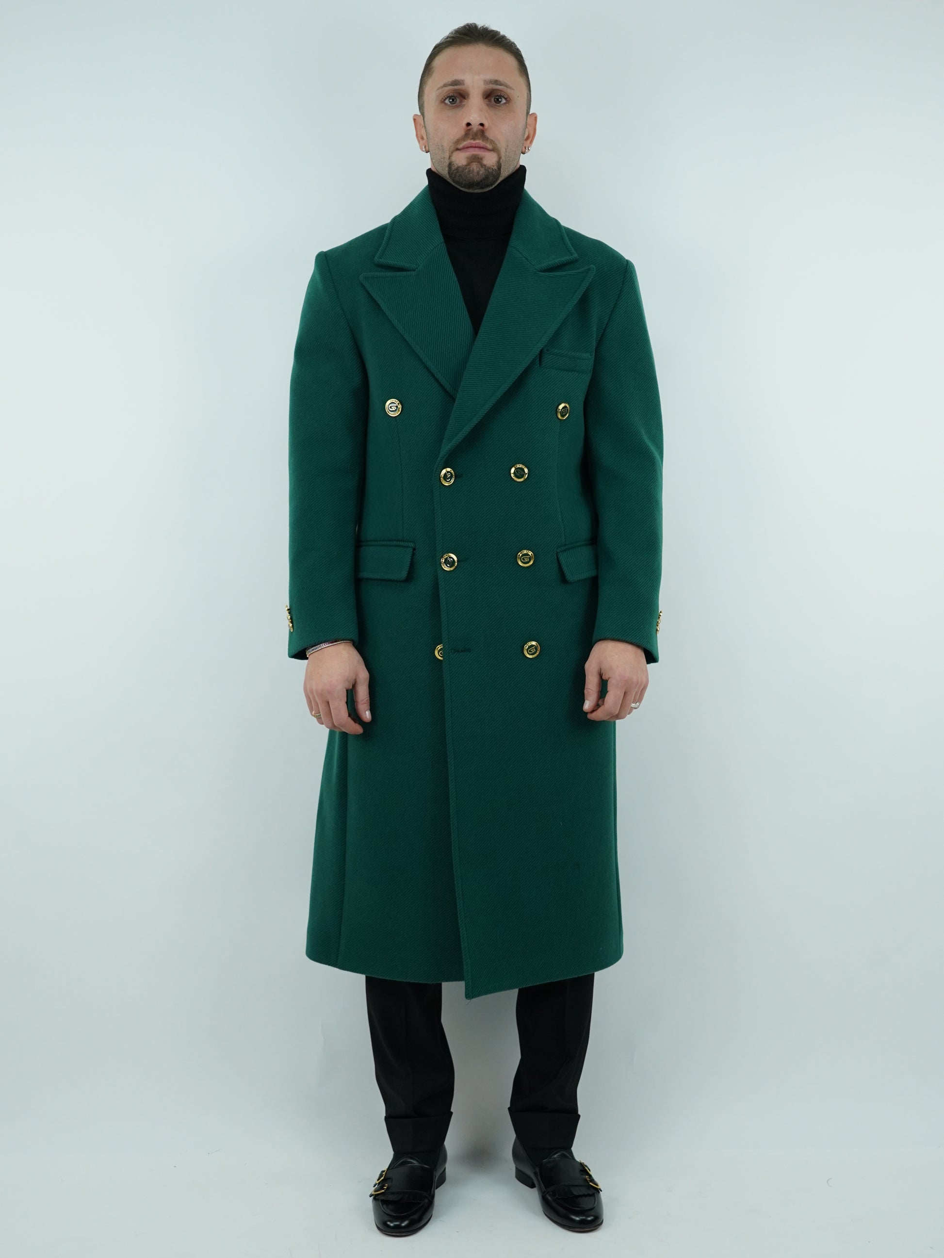 Cappotto Raglan Diagonale Smeraldo con bottoni oro