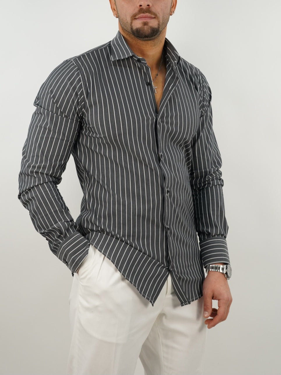 Camicia collo francese a righe nero