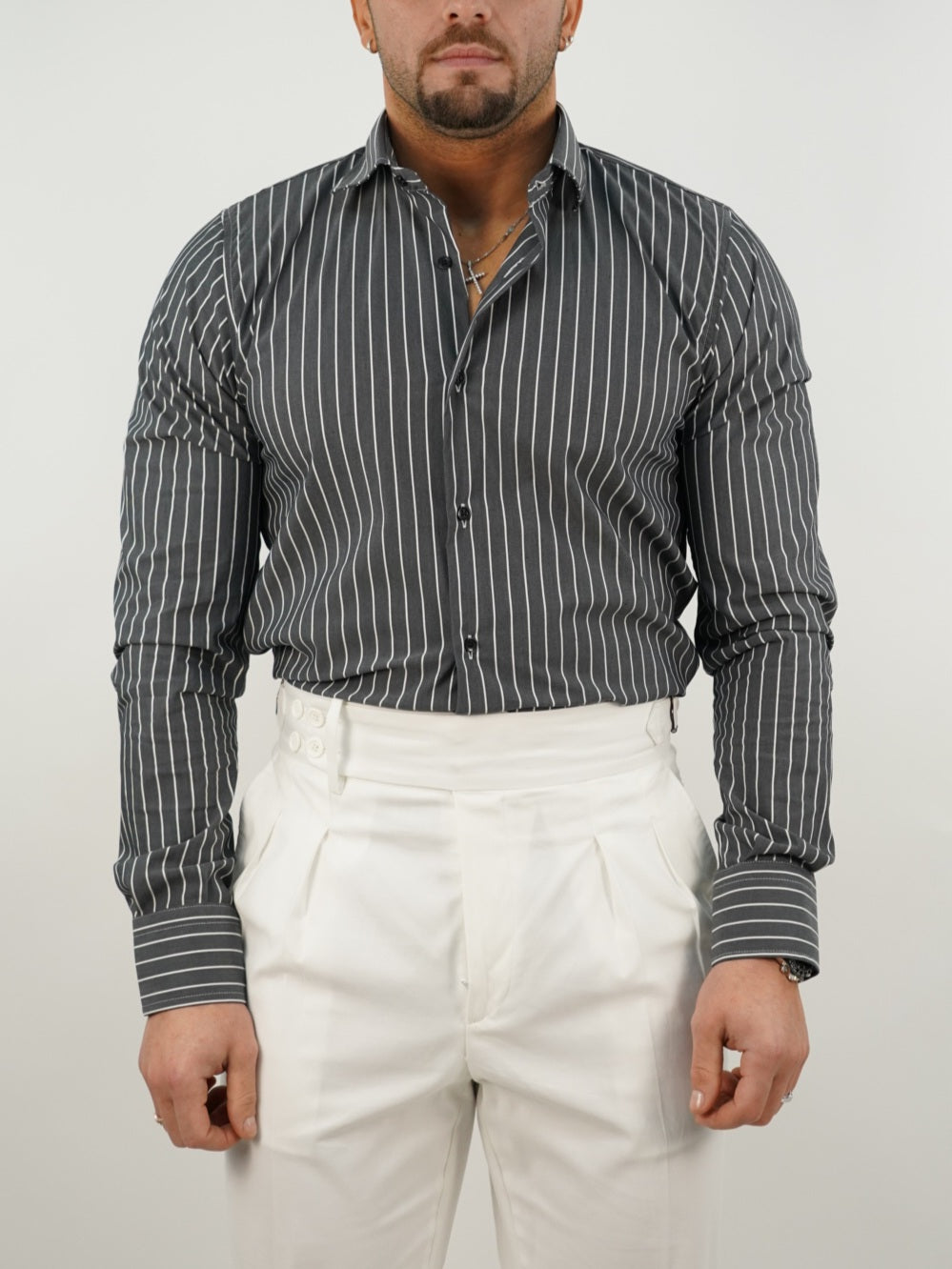 Camicia collo francese a righe nero