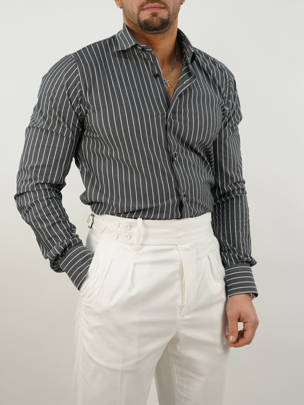 Camicia collo francese a righe nero