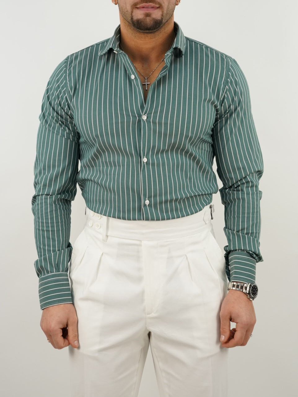 Camicia collo francese righe verde