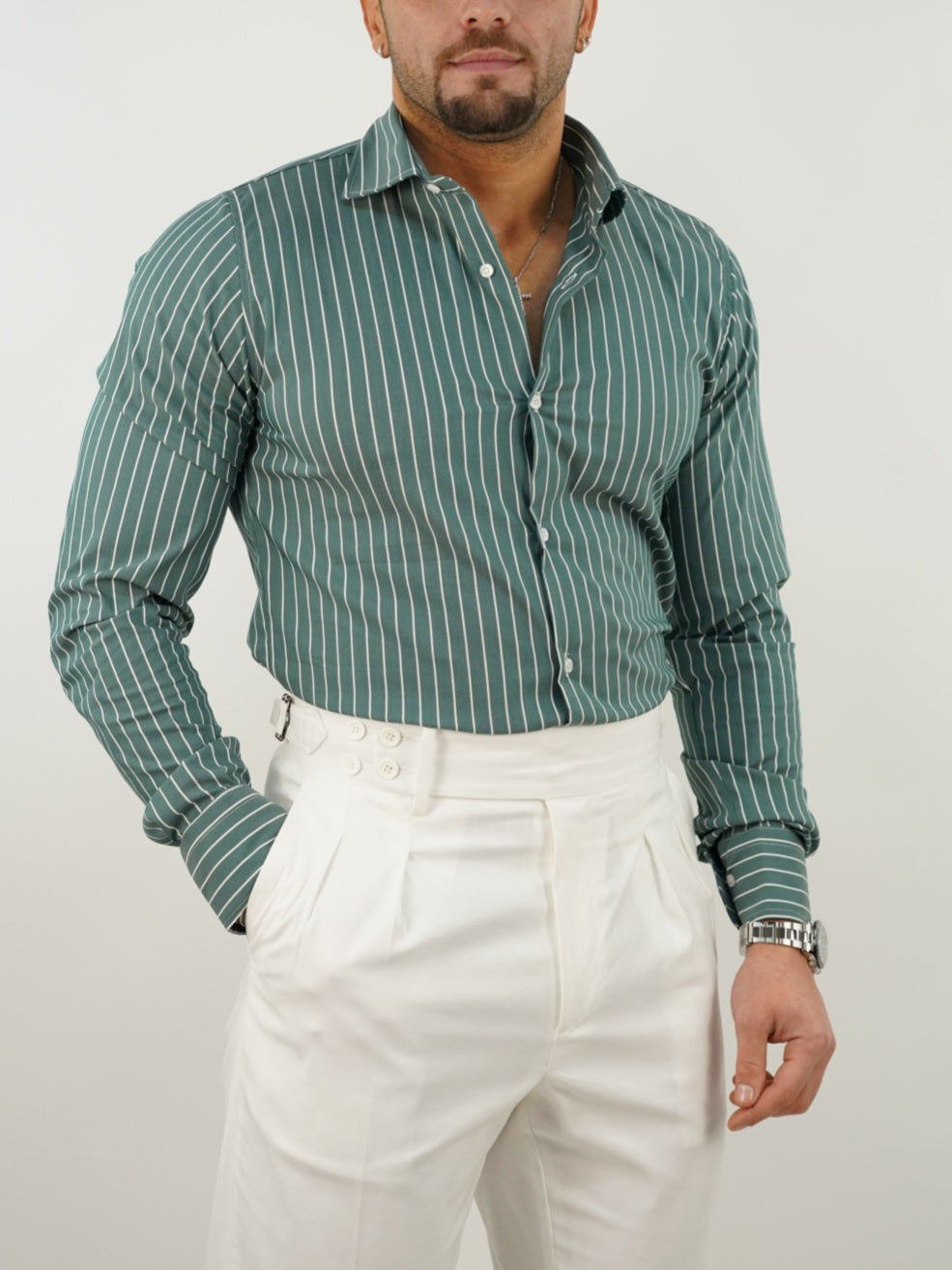 Camicia collo francese righe verde