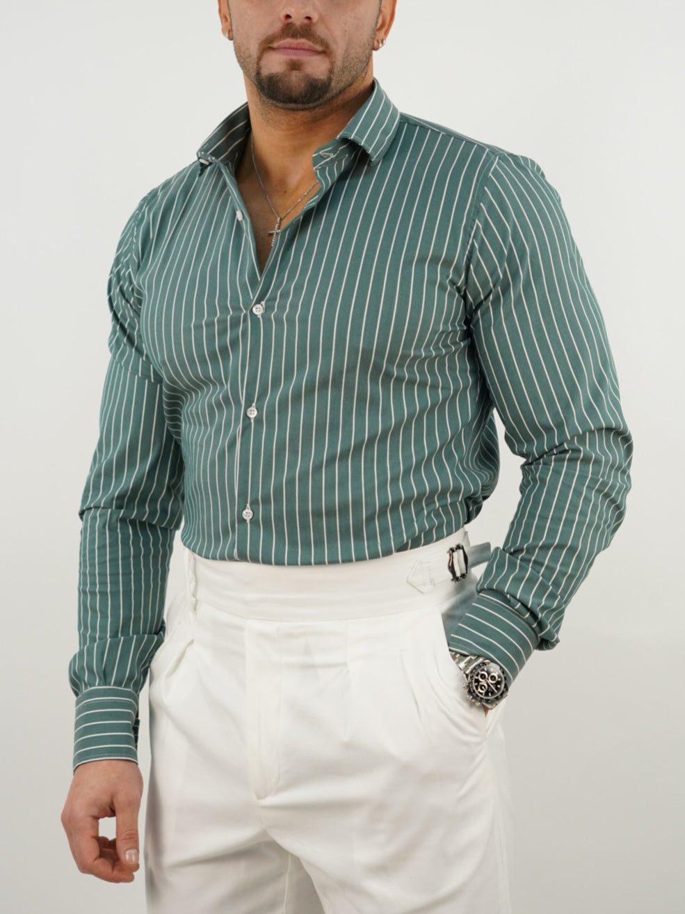 Camicia collo francese righe verde