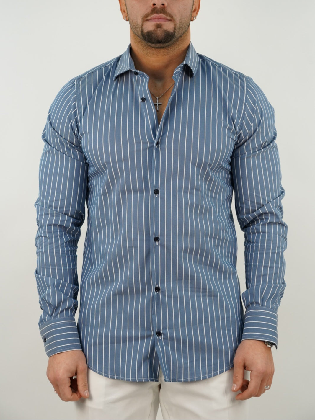 Camicia collo francese righe blu