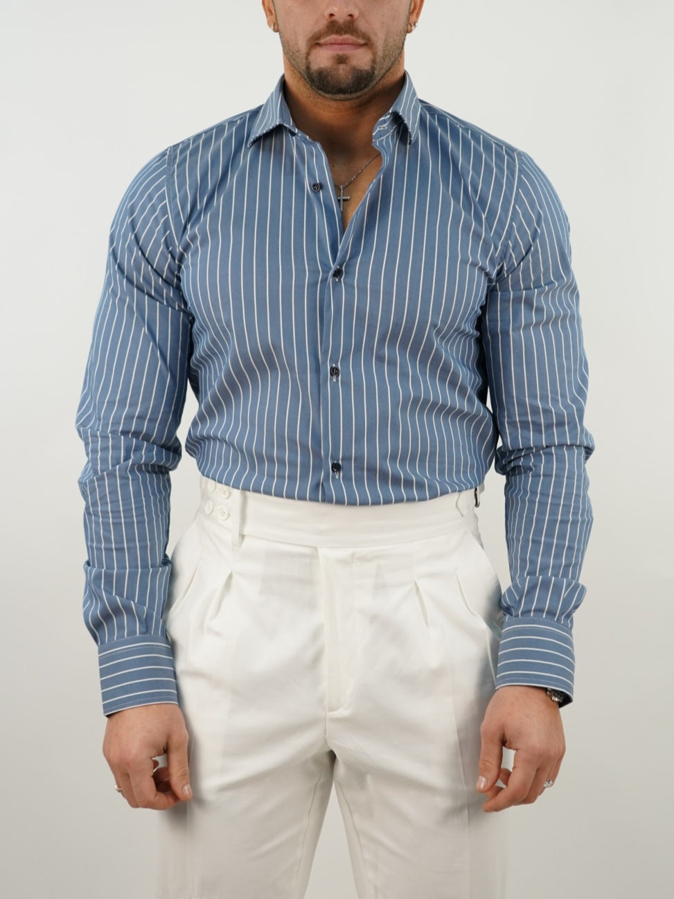 Camicia collo francese righe blu