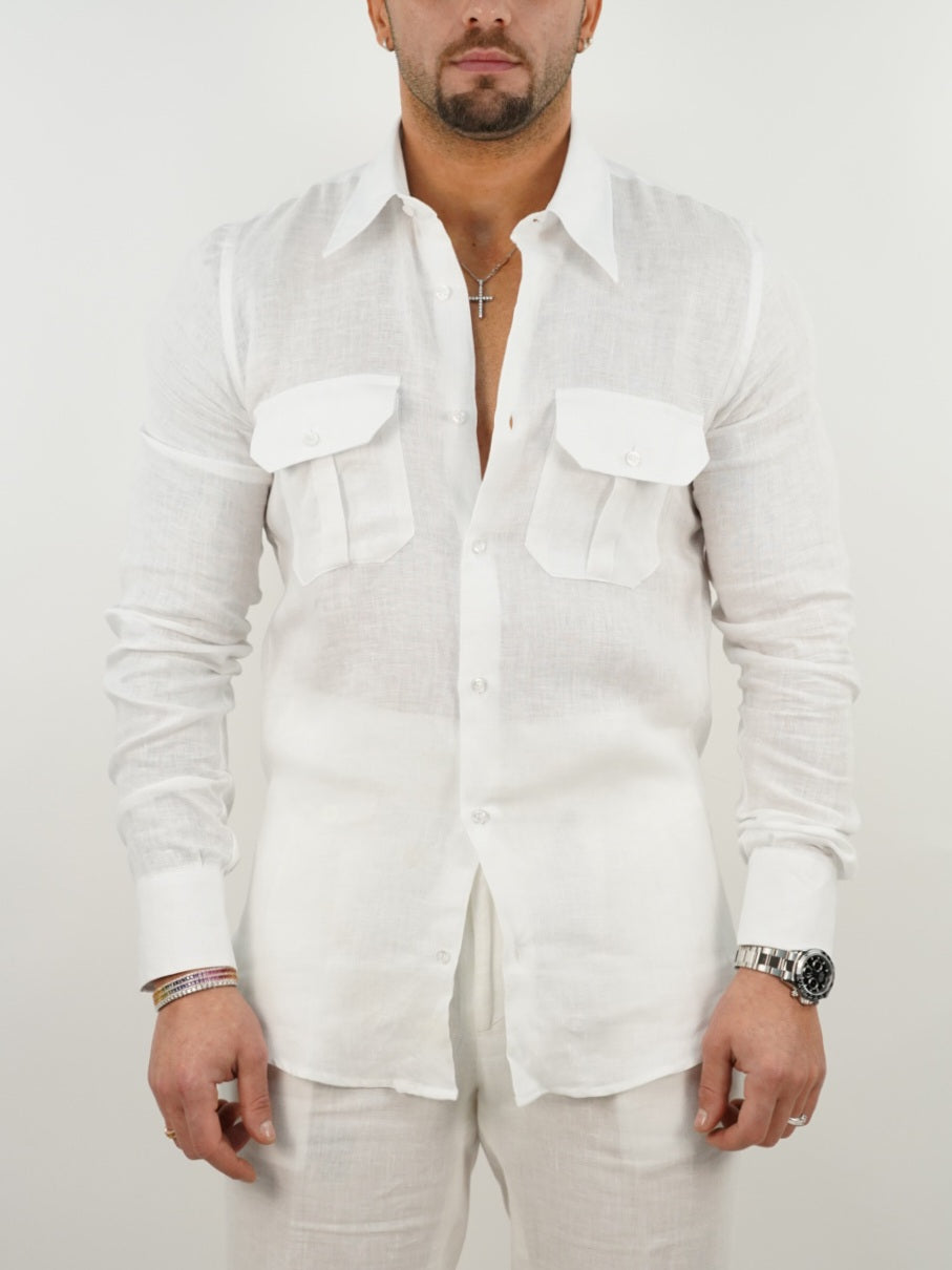 Camicia collo a vela lino bianca con tasche