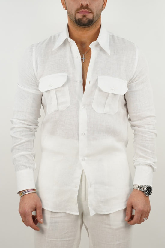 Camicia collo a vela lino bianca con tasche