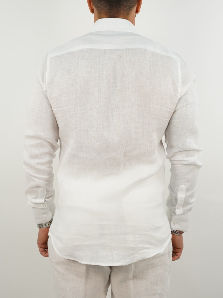 Camicia collo a vela lino bianca con tasche