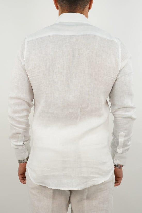 Camicia collo a vela lino bianca con tasche