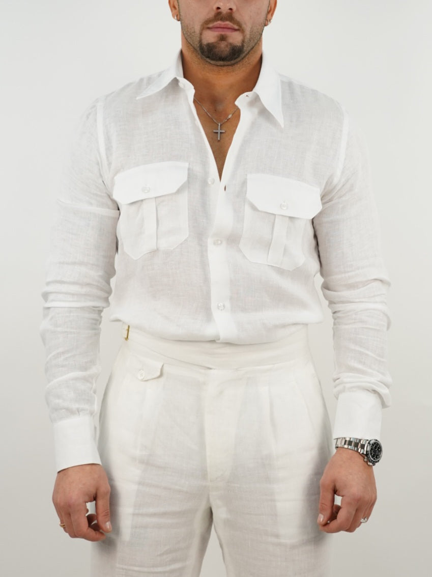 Camicia collo a vela lino bianca con tasche
