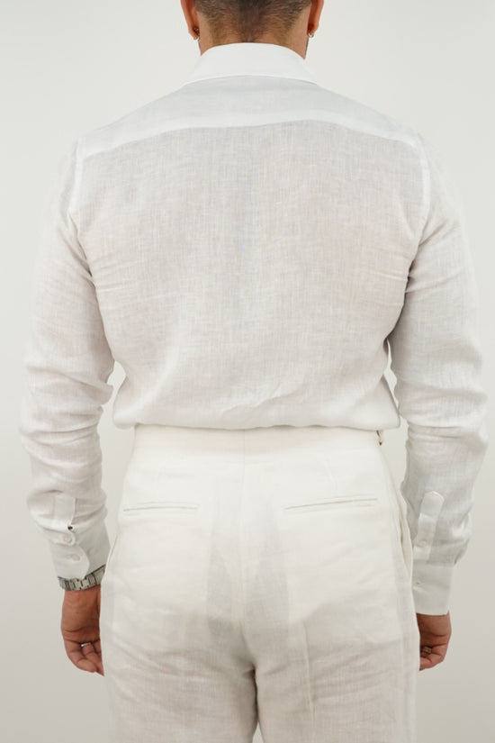 Camicia collo cubano lino bianco con tasche