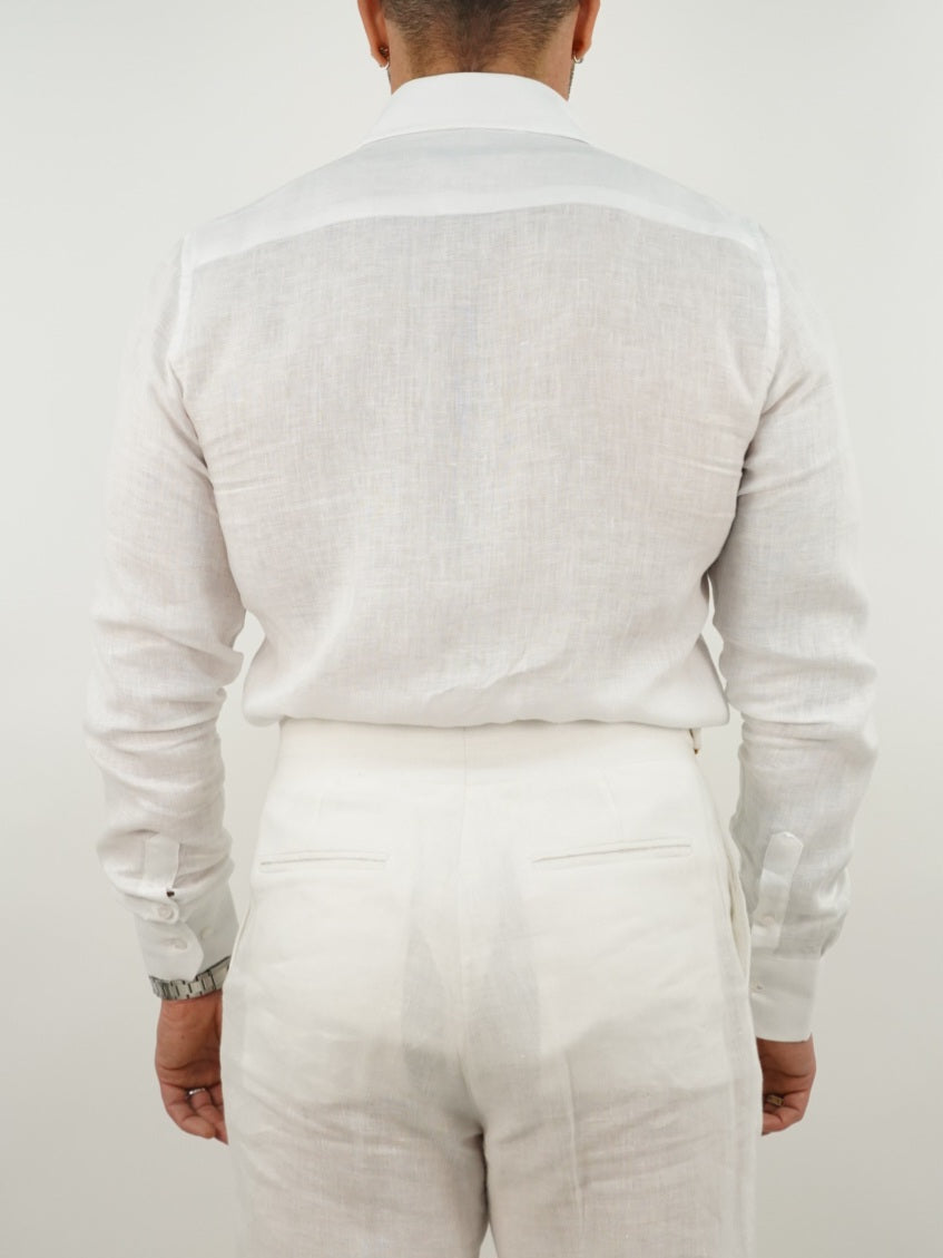 Camicia collo cubano lino bianco con tasche