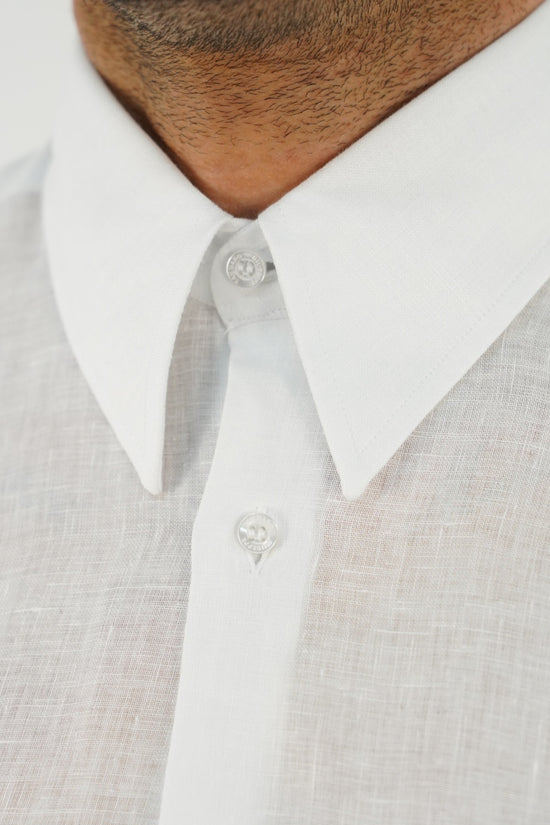 Camicia collo a vela lino bianca con tasche