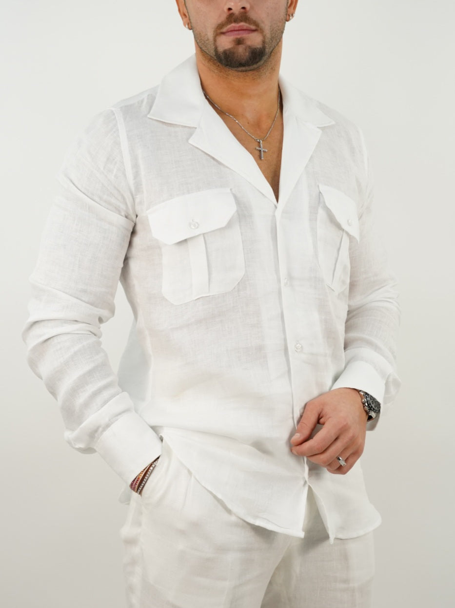 Camicia collo cubano lino bianco con tasche