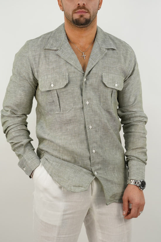 Camicia collo cubano lino verde con tasche