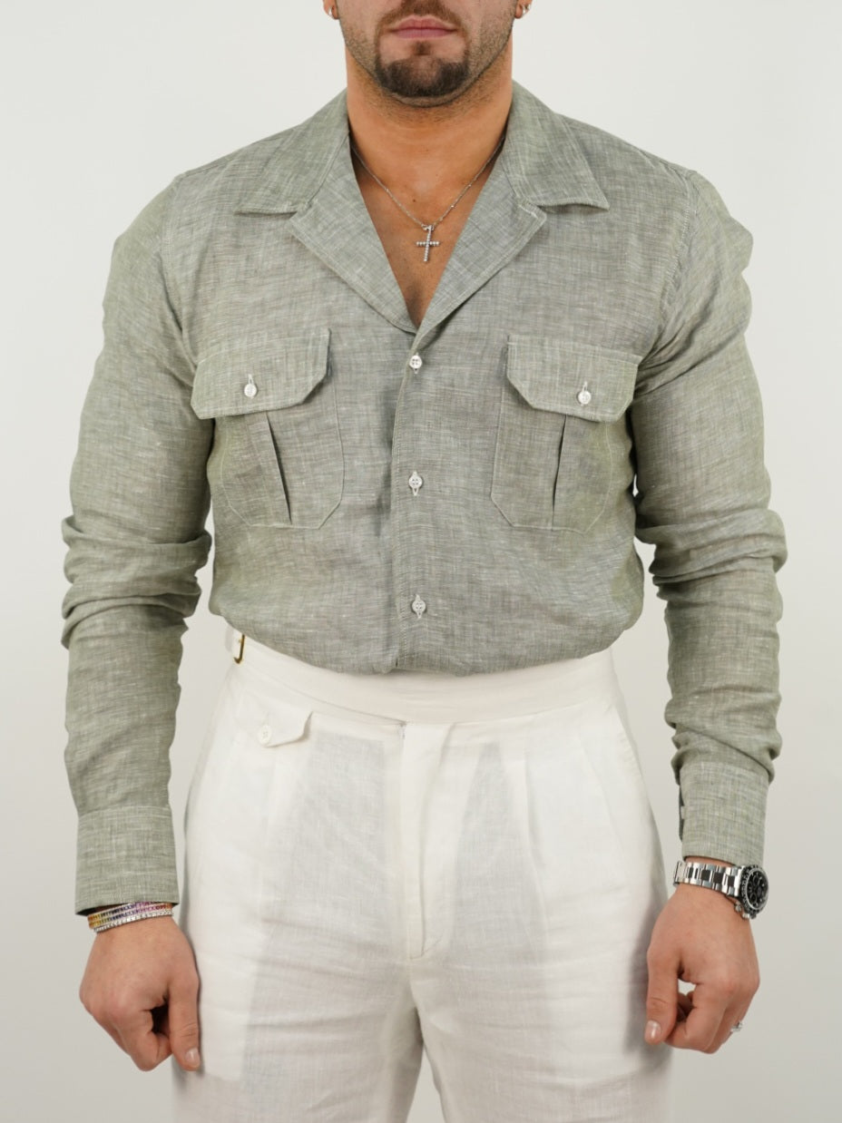 Camicia collo cubano lino verde con tasche