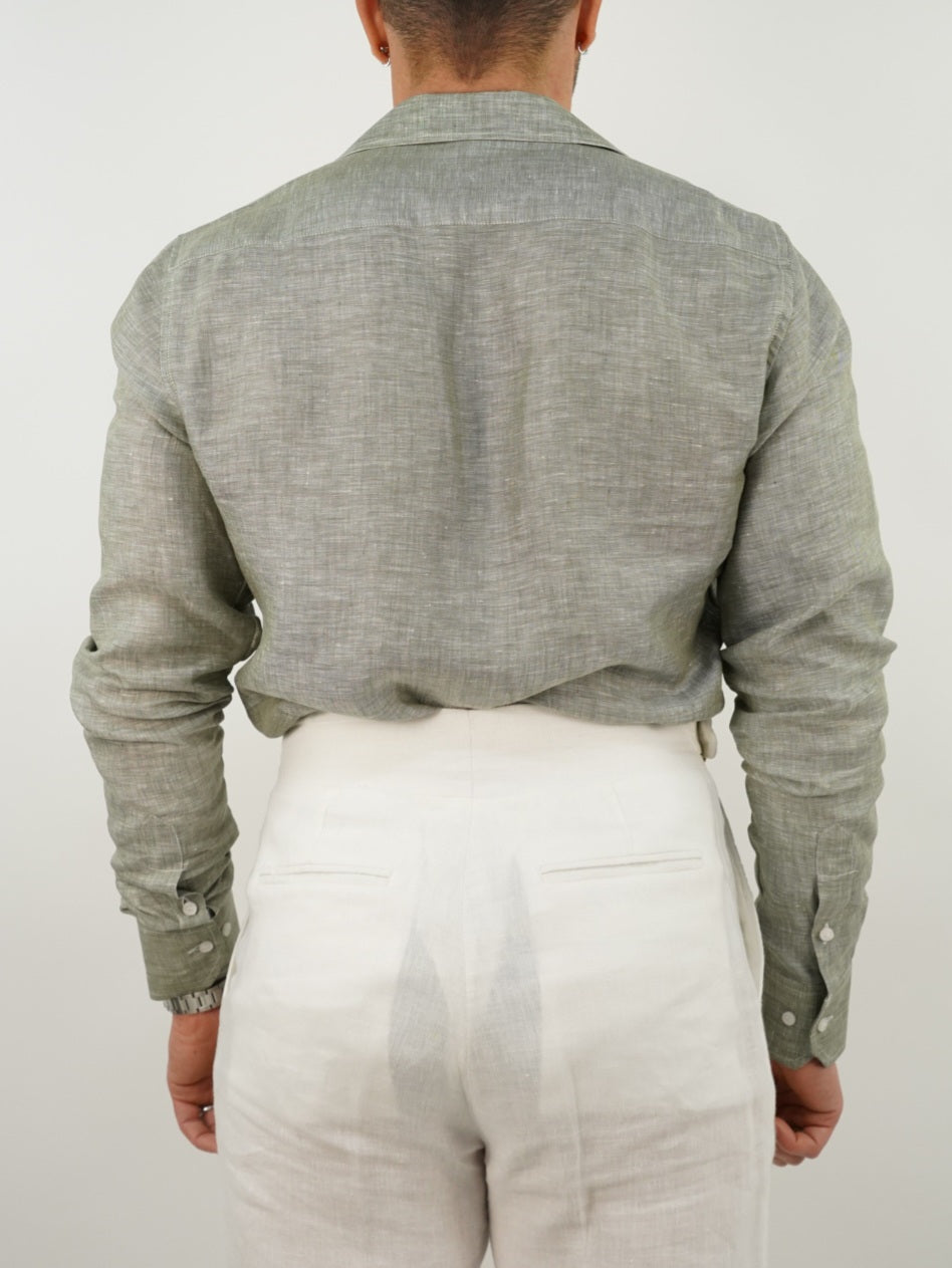 Camicia collo cubano lino verde con tasche