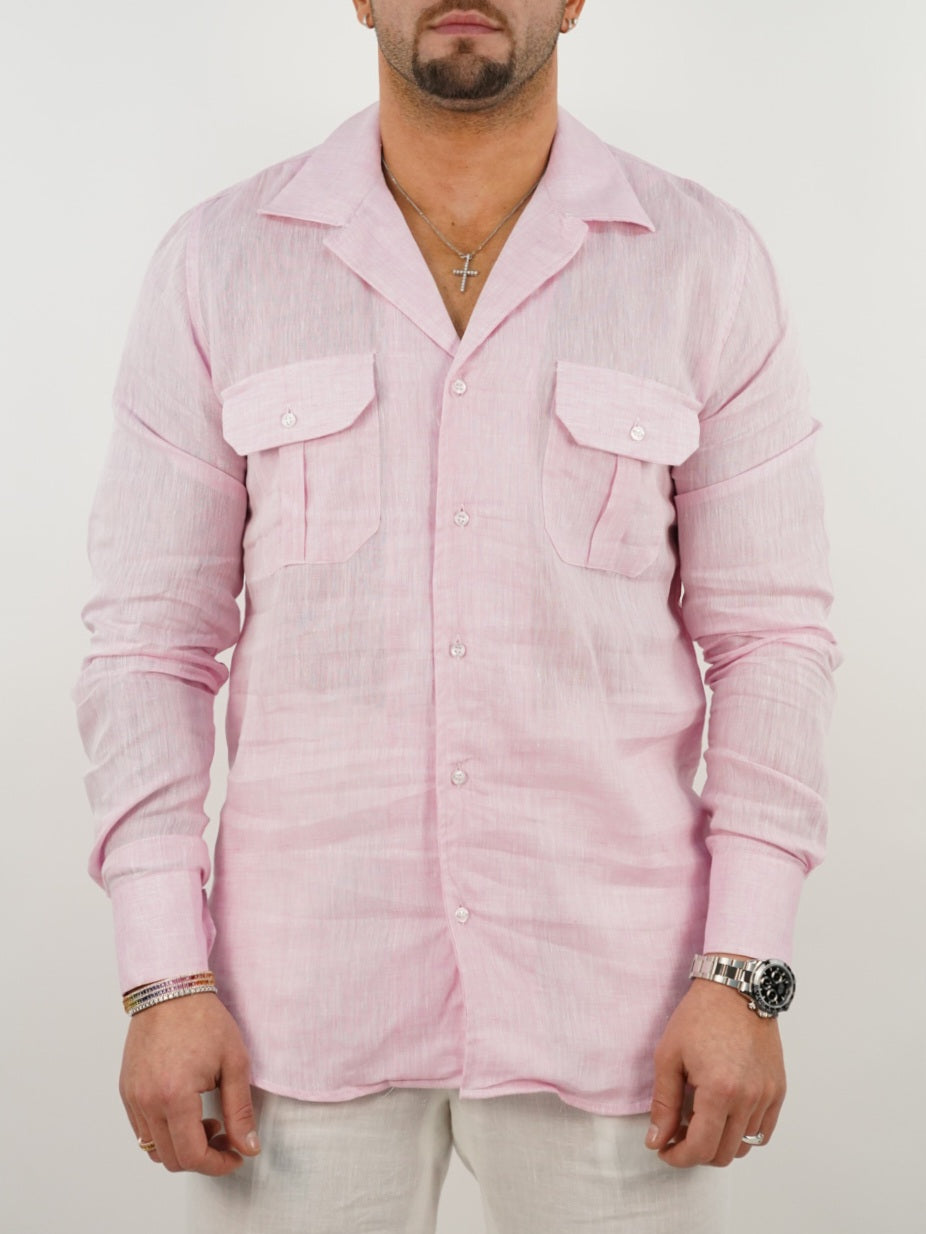 Camicia collo cubano lino rosa con tasche