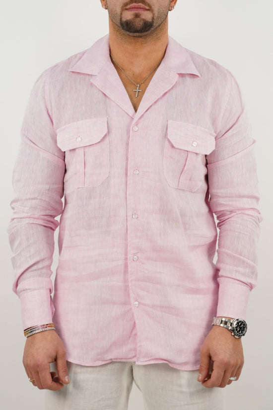 Camicia collo cubano lino rosa con tasche