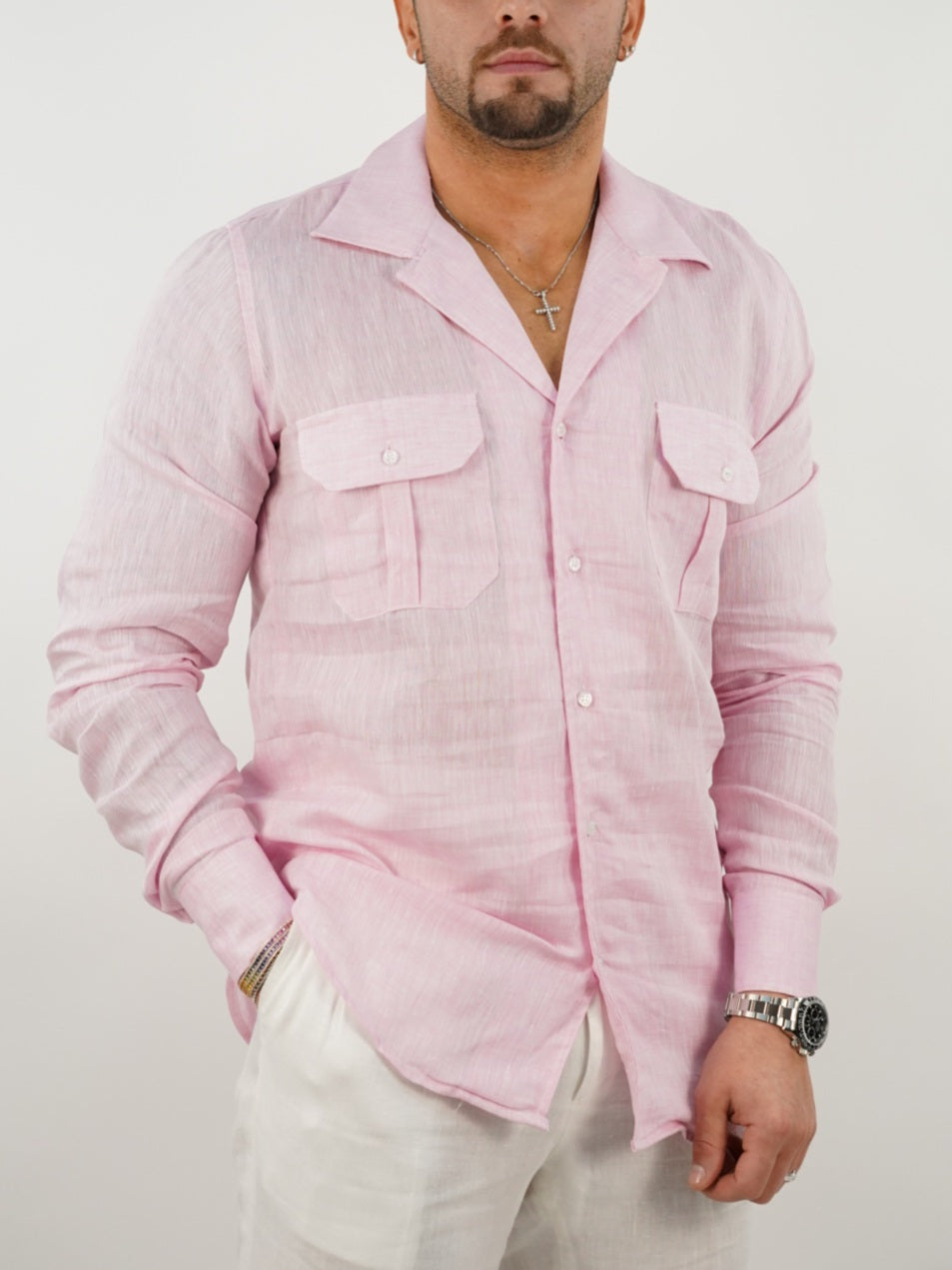 Camicia collo cubano lino rosa con tasche
