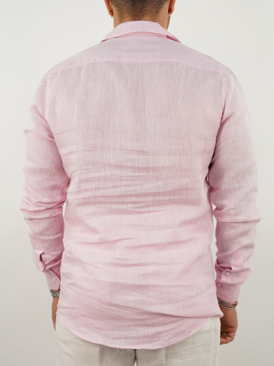 Camicia collo cubano lino rosa con tasche