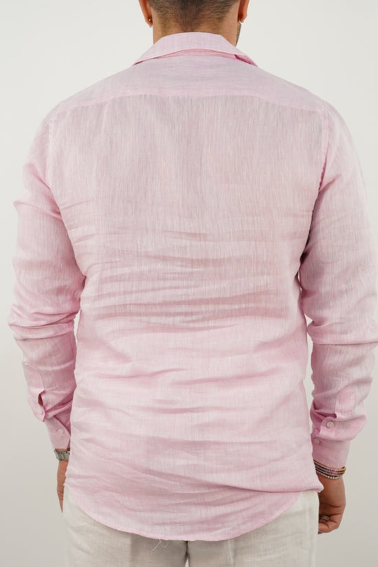 Camicia collo cubano lino rosa con tasche