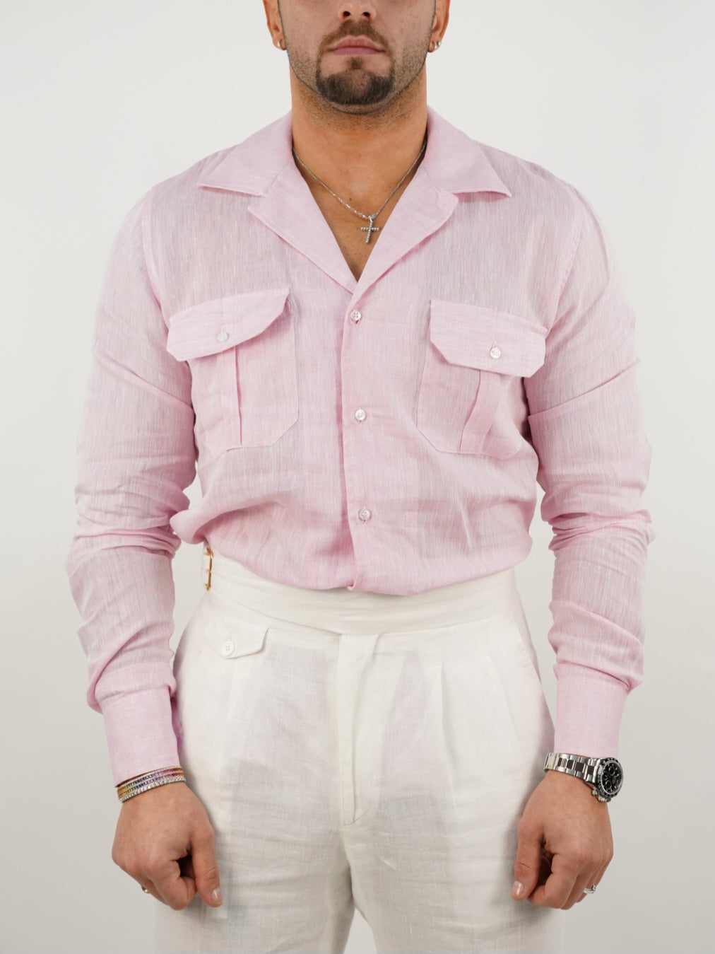 Camicia collo cubano lino rosa con tasche
