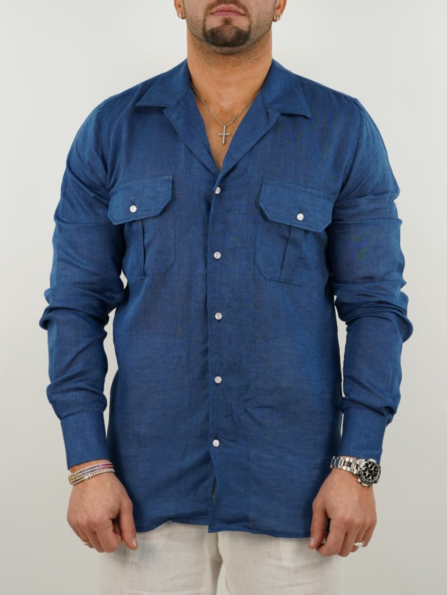 Camicia collo cubano lino blu con tasche