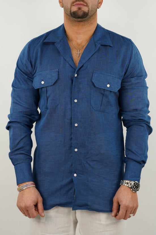 Camicia collo cubano lino blu con tasche