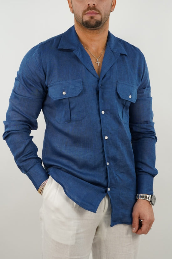 Camicia collo cubano lino blu con tasche