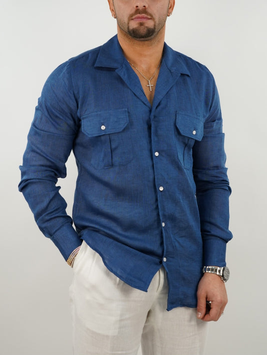 Camicia collo cubano in lino blu con tasche