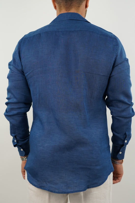 Camicia collo cubano lino blu con tasche