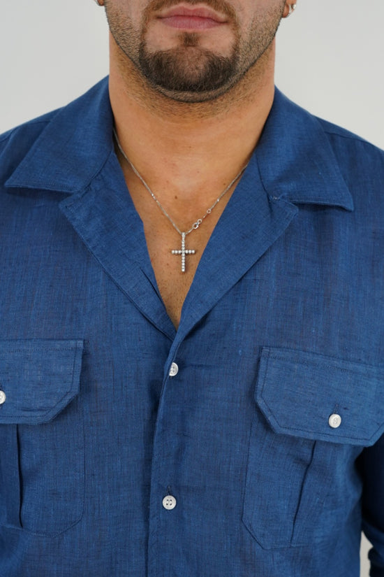 Camicia collo cubano lino blu con tasche