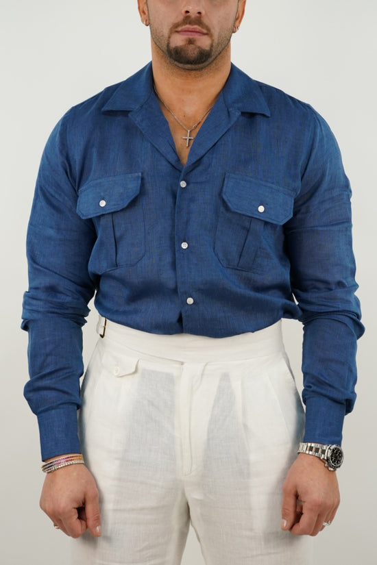 Camicia collo cubano lino blu con tasche