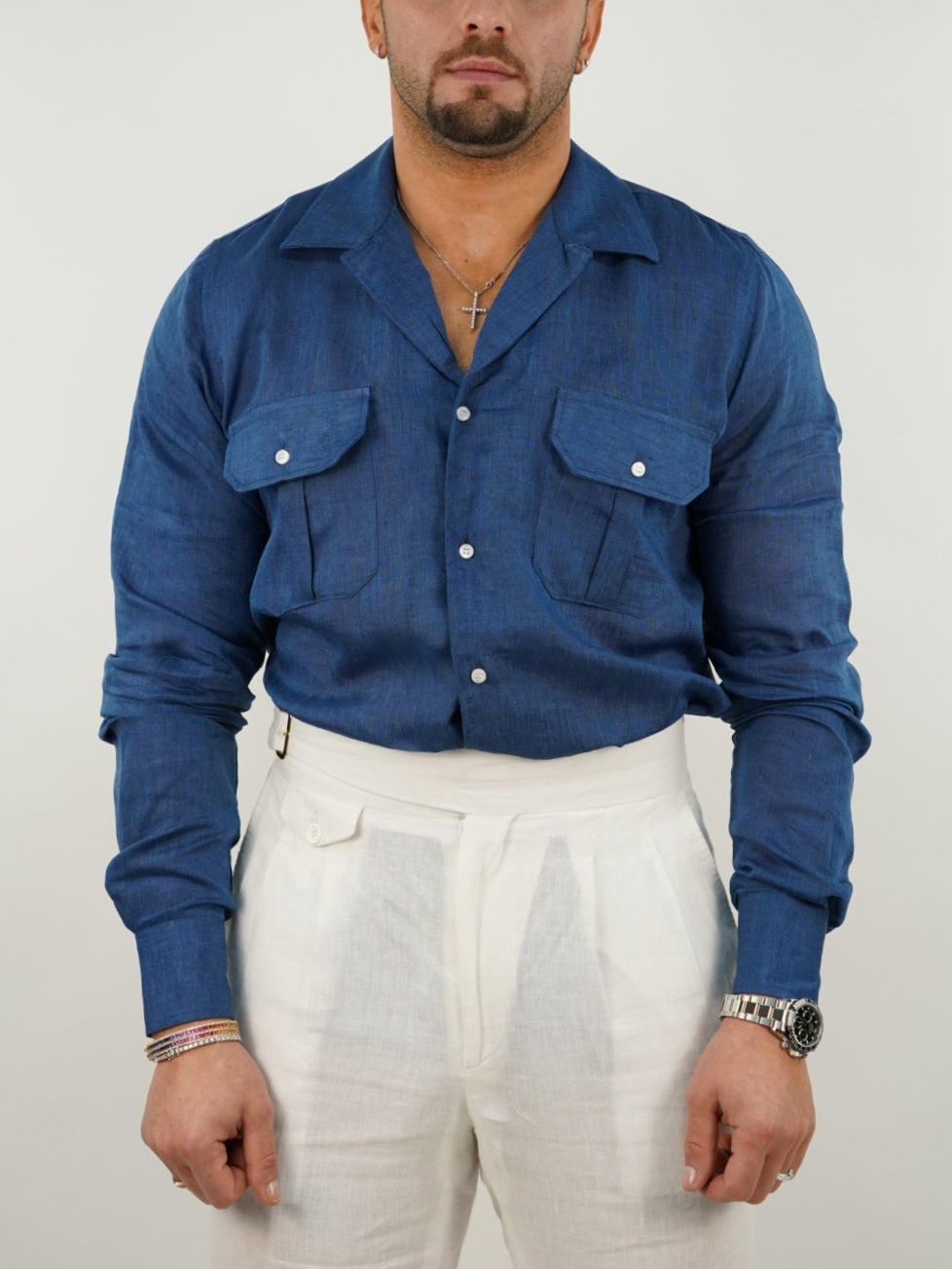 Camicia collo cubano lino blu con tasche