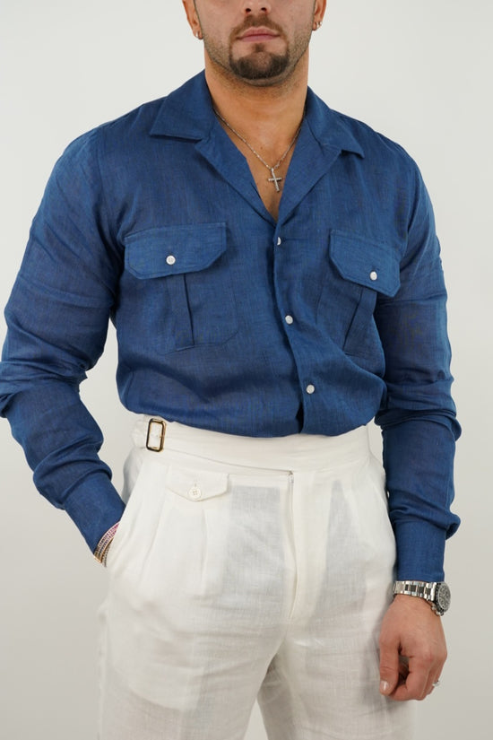 Camicia collo cubano lino blu con tasche