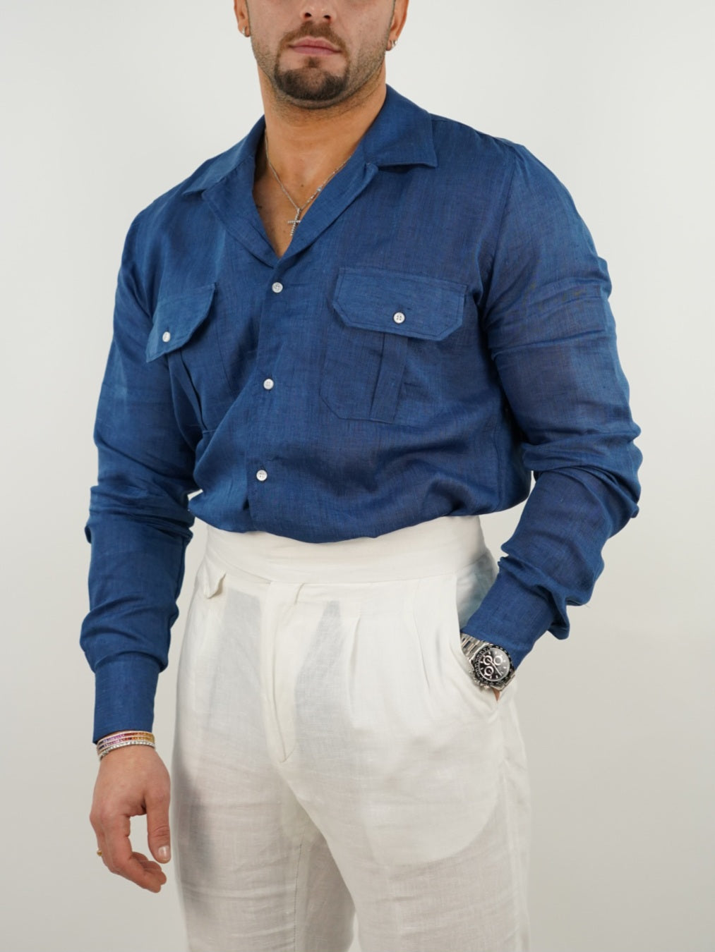 Camicia collo cubano lino blu con tasche