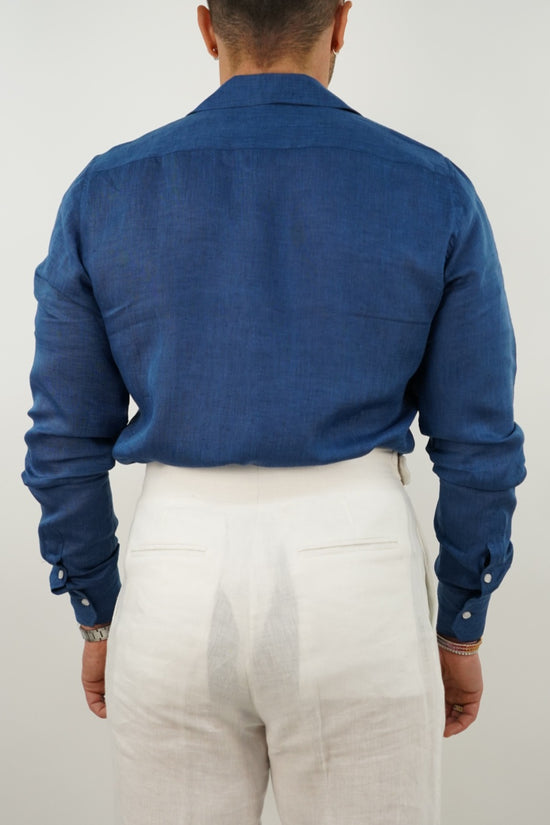 Camicia collo cubano lino blu con tasche