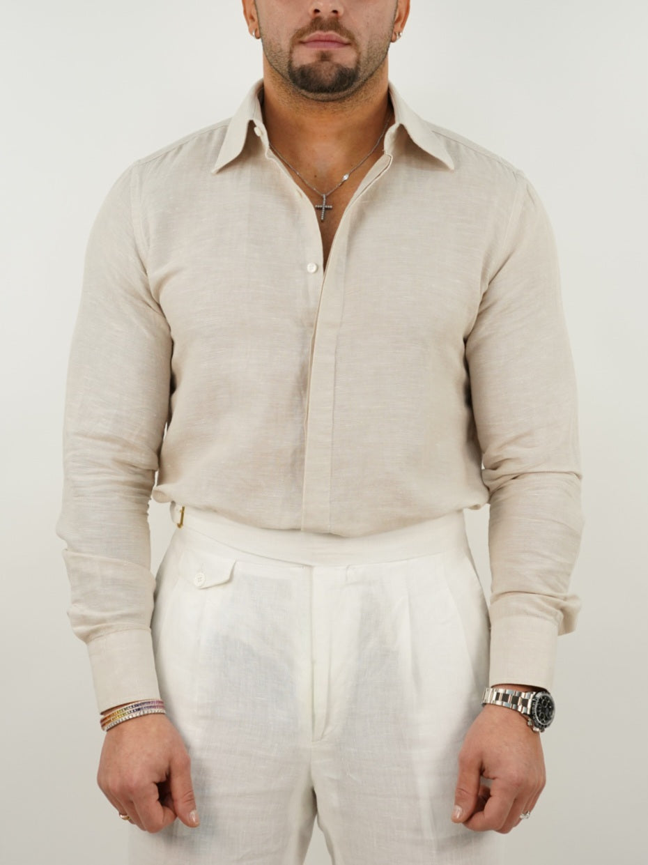 Camicia sabbia collo a vela 100% lino