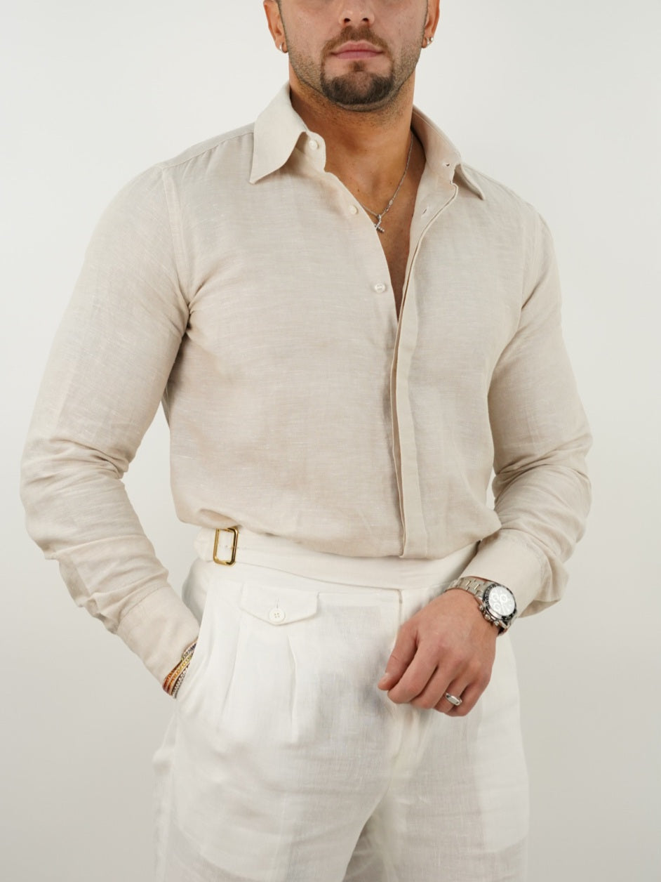 Camicia sabbia collo a vela 100% lino