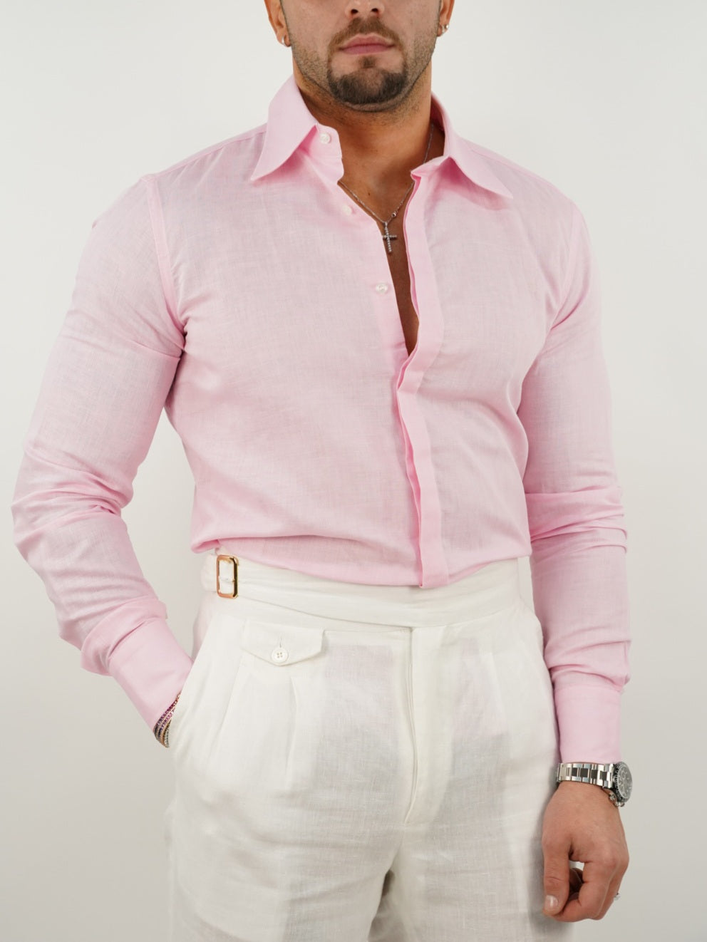 Camicia rosa collo a vela 100% lino