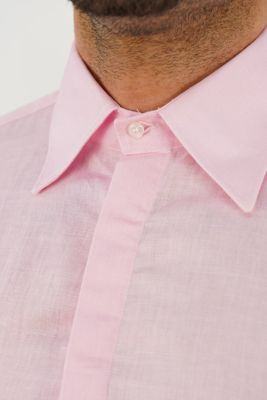 Camicia rosa collo a vela 100% lino