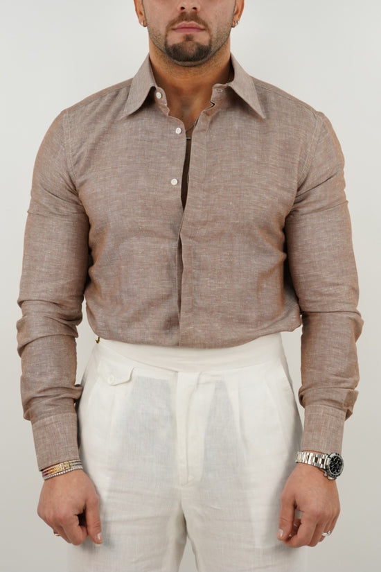 Camicia Tabacco collo a vela 100% lino