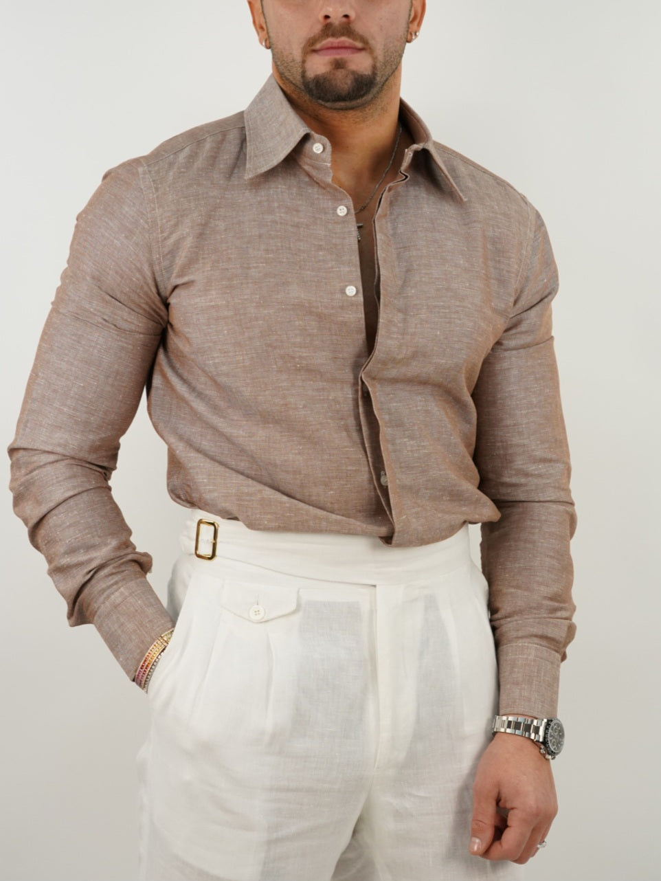 Camicia Tabacco collo a vela 100% lino