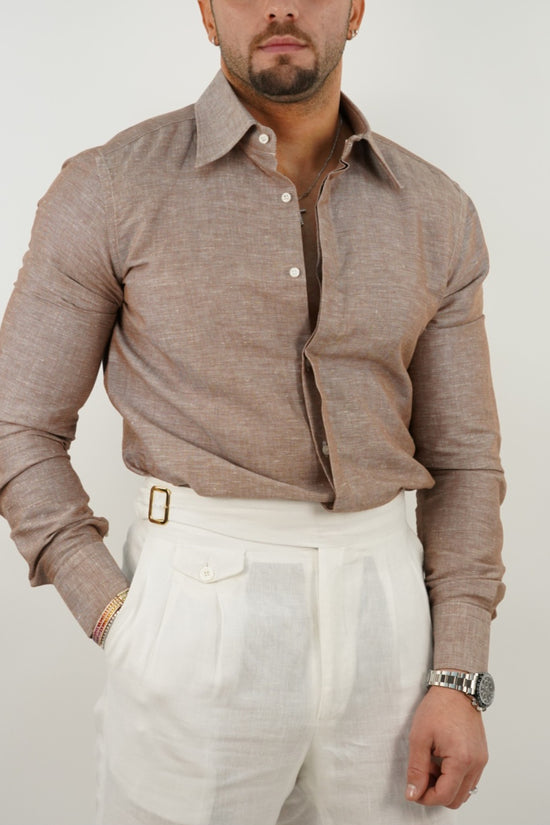 Camicia Tabacco collo a vela 100% lino