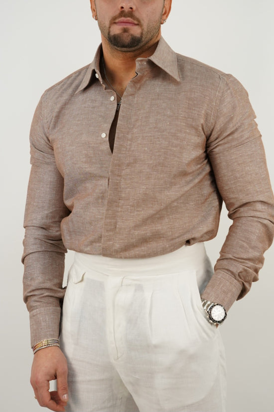 Camicia Tabacco collo a vela 100% lino