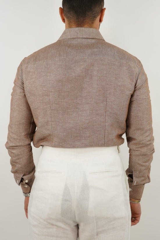 Camicia Tabacco collo a vela 100% lino