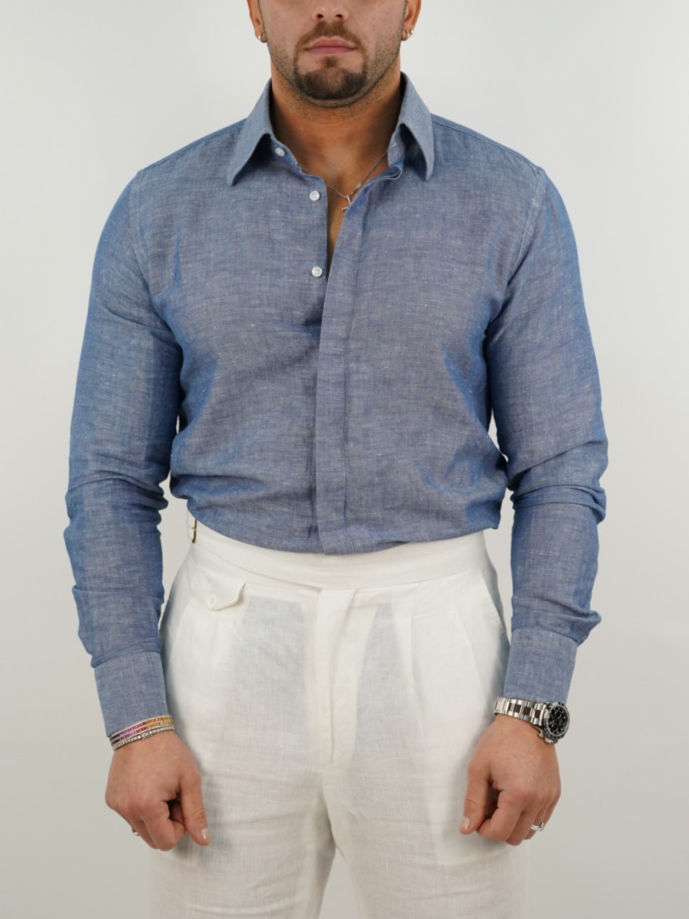 Camicia blu navy collo a vela 100% lino