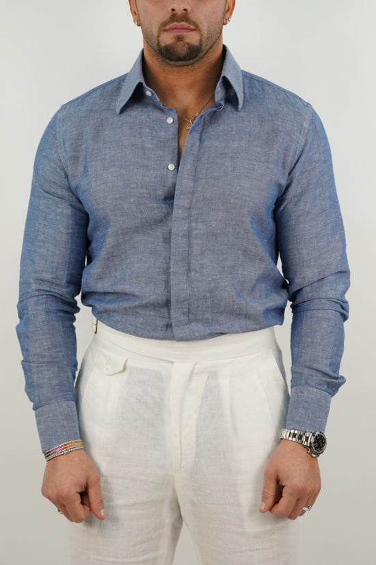 Camicia blu navy collo a vela 100% lino